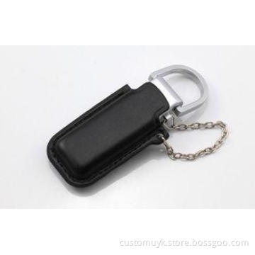 Black Pny Leather USB Flash Drive 128GB Embossed With Keyri